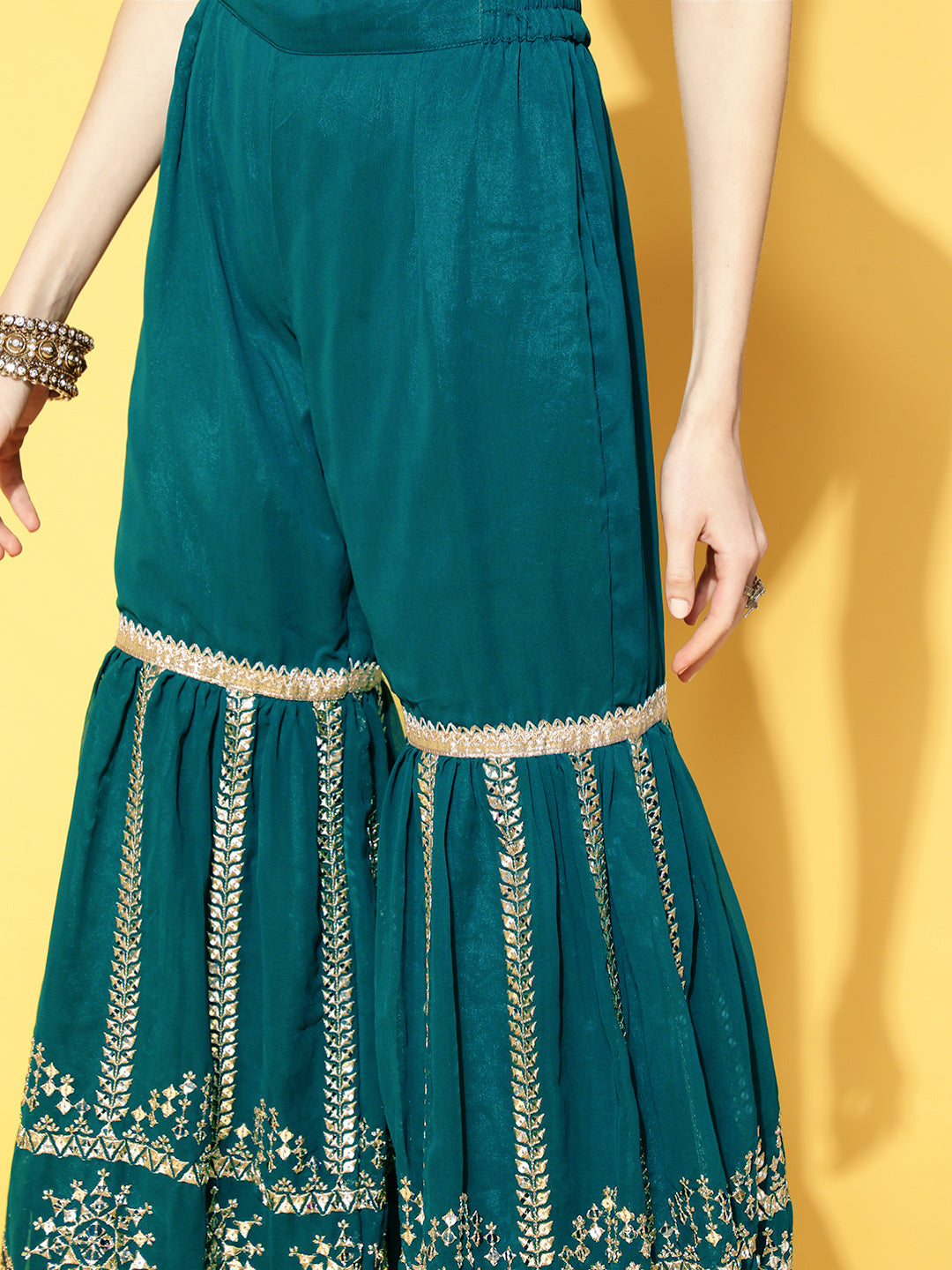 Teal Blue Mirror Embellished Kurta Sharara Set & Net Dupatta