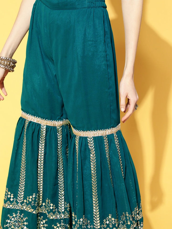 Teal Blue Mirror Embellished Kurta Sharara Set & Net Dupatta
