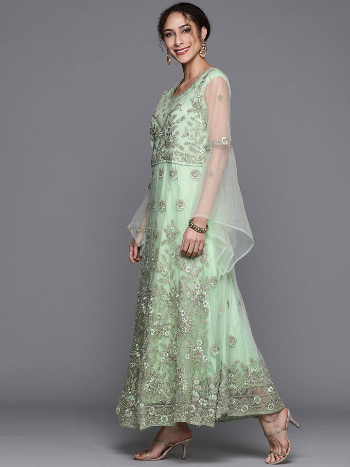 Pista Green Embroidered Floor Length Net Gown & Flared Sleeves