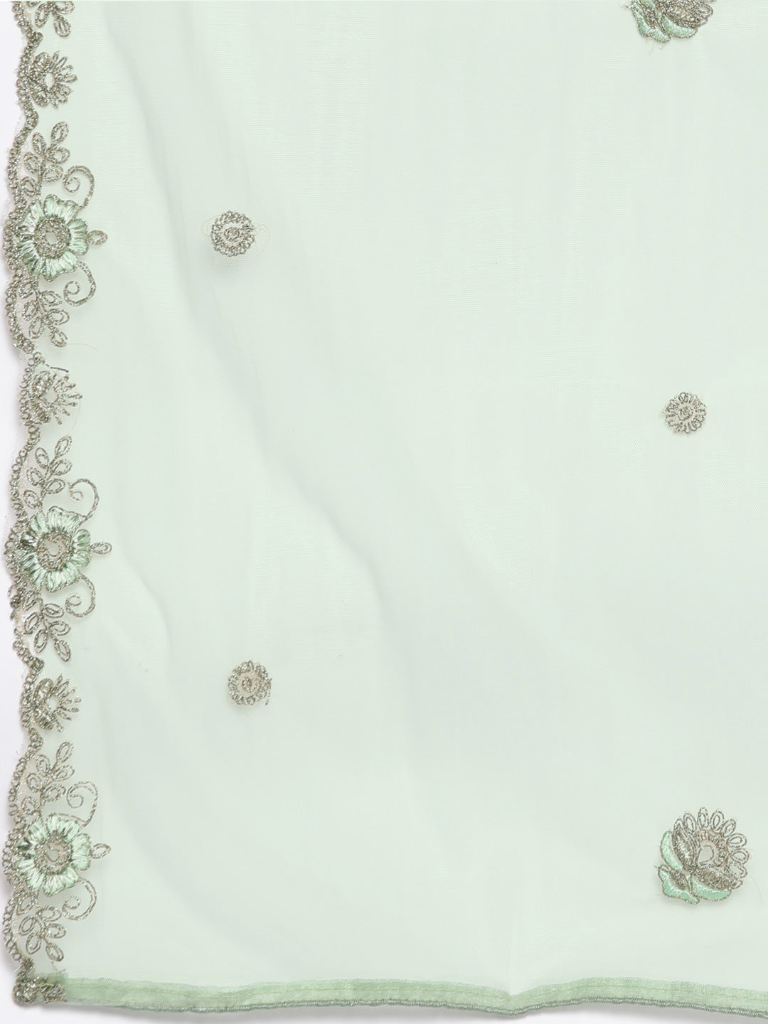Pista Green Embroidered Floor Length Net Gown & Flared Sleeves