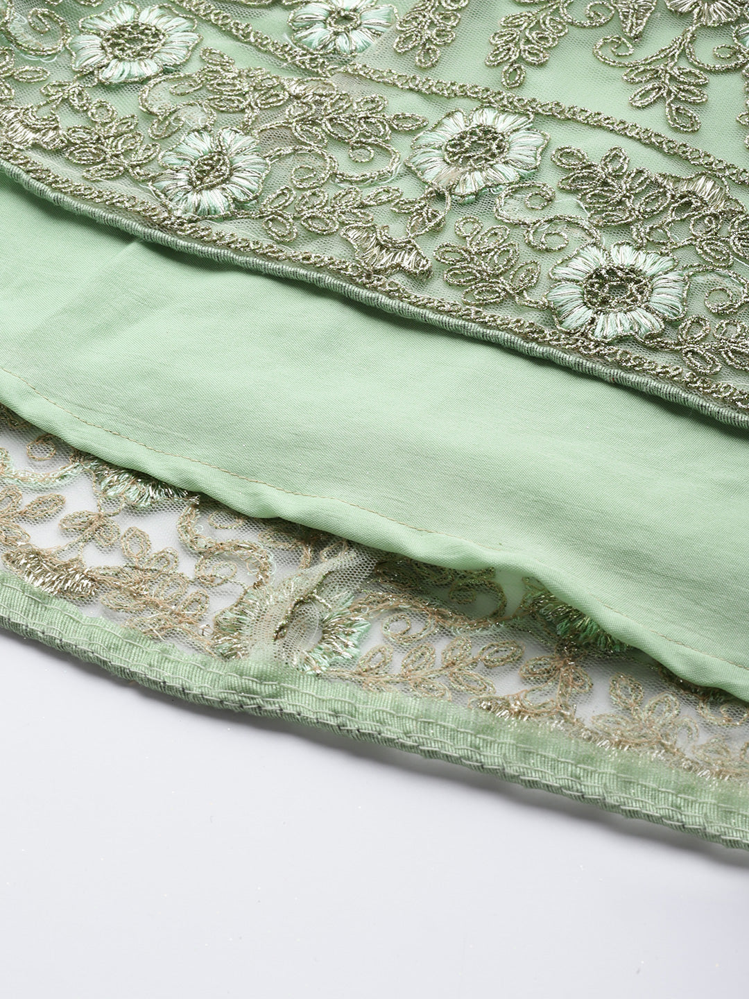 Pista Green Embroidered Floor Length Net Gown & Flared Sleeves