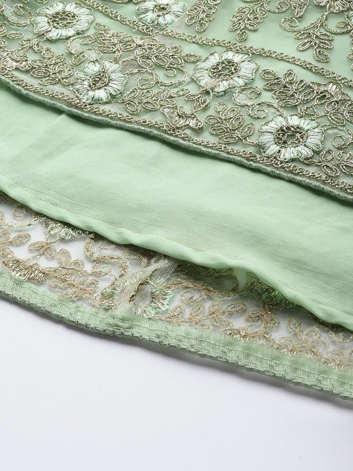 Pista Green Embroidered Floor Length Net Gown & Flared Sleeves