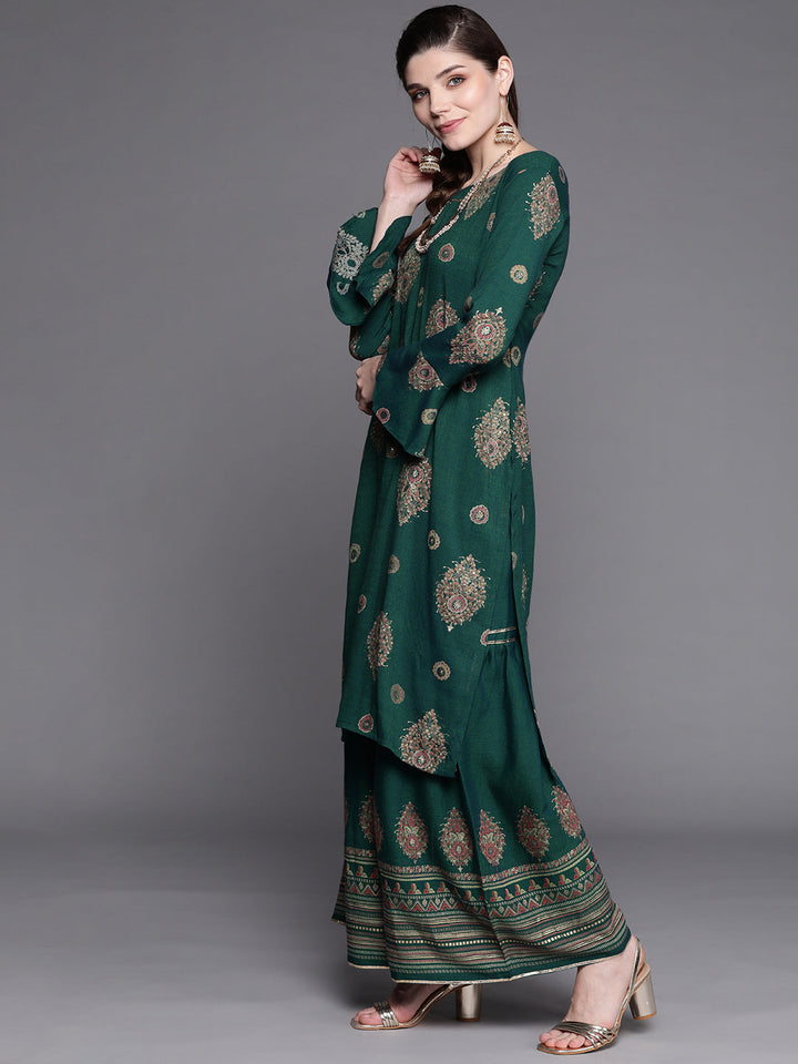 Teal Digital Print Festive Embellished Kurta Sharara Set