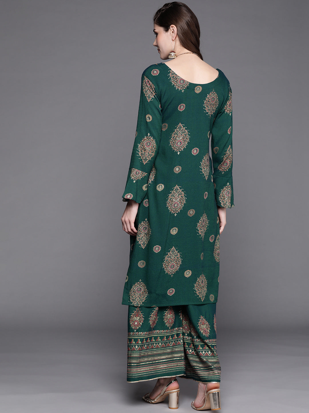 Teal Digital Print Festive Embellished Kurta Sharara Set