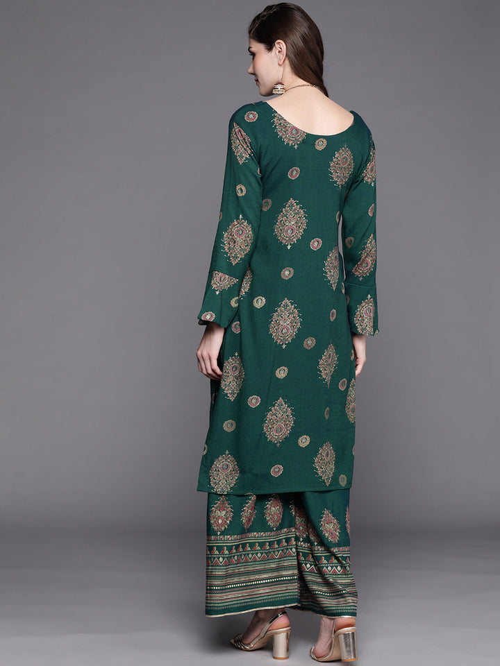 Teal Digital Print Festive Embellished Kurta Sharara Set