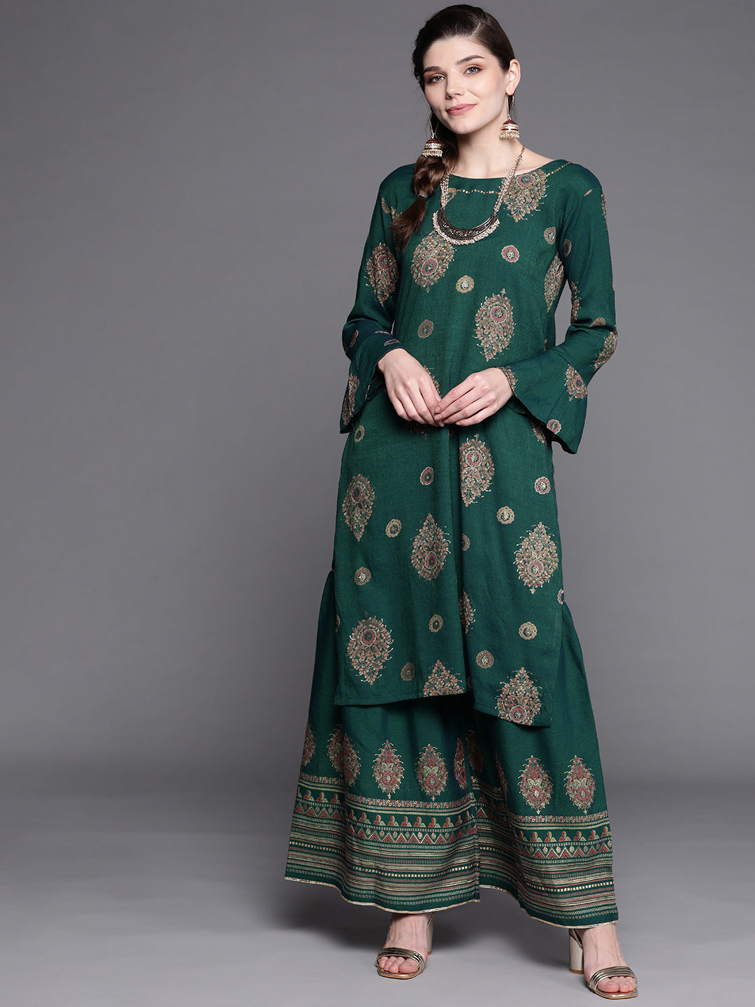 Teal Digital Print Festive Embellished Kurta Sharara Set