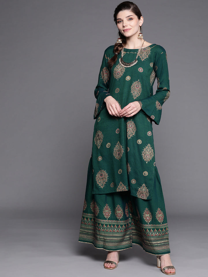 Teal Digital Print Festive Embellished Kurta Sharara Set