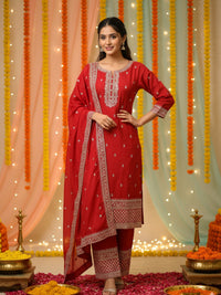 Straight Kurta Palazzo Set With Zari Thread Embroidery, Floral Motifs And Ornate Border