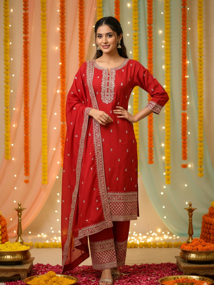 Straight Kurta Palazzo Set With Zari Thread Embroidery, Floral Motifs And Ornate Border