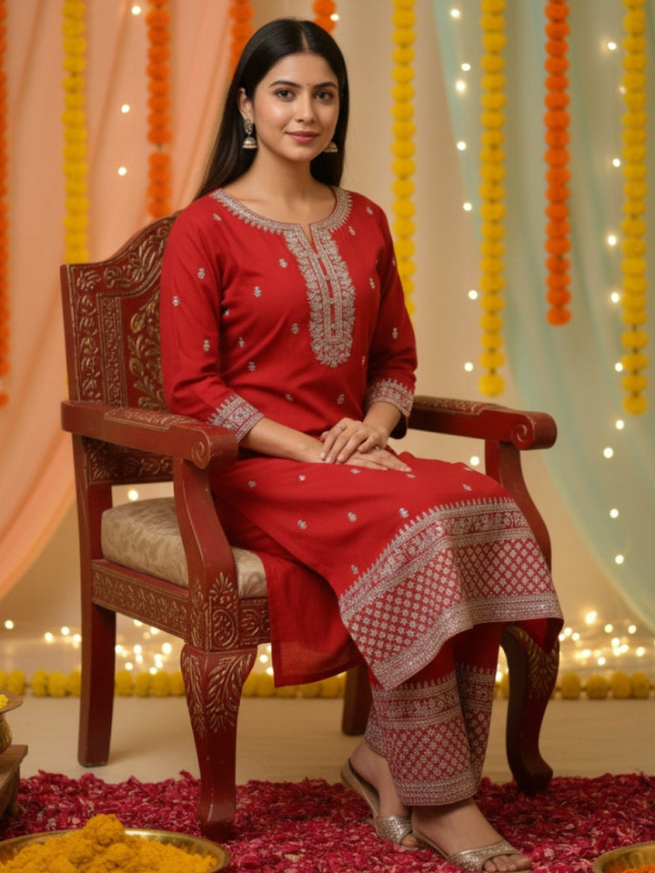 Straight Kurta Palazzo Set With Zari Thread Embroidery, Floral Motifs And Ornate Border