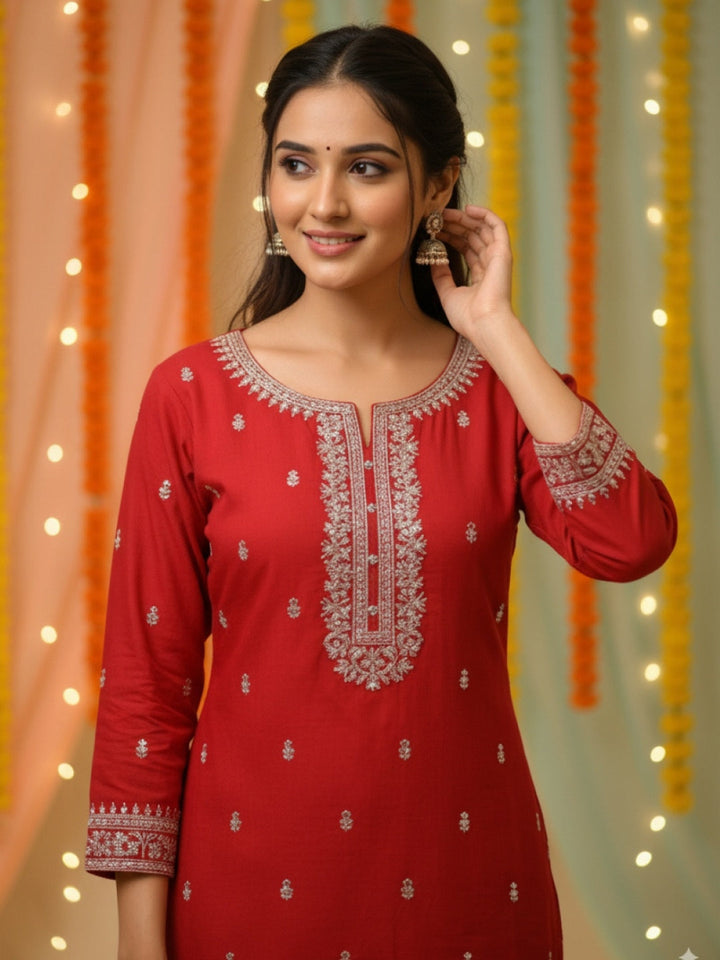 Straight Kurta Palazzo Set With Zari Thread Embroidery, Floral Motifs And Ornate Border