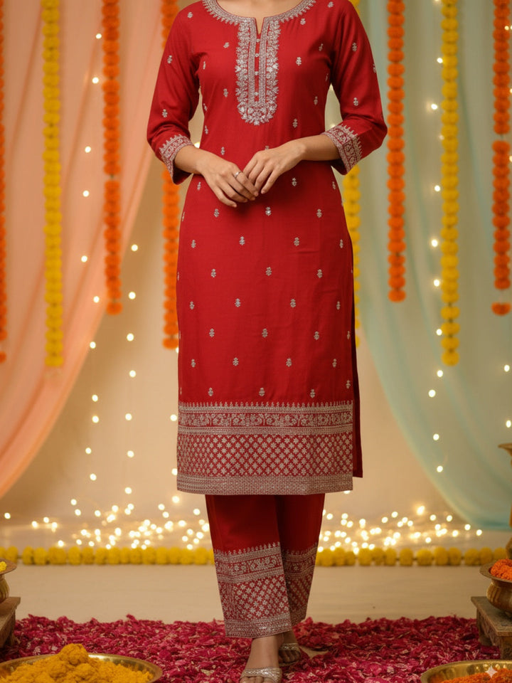Straight Kurta Palazzo Set With Zari Thread Embroidery, Floral Motifs And Ornate Border