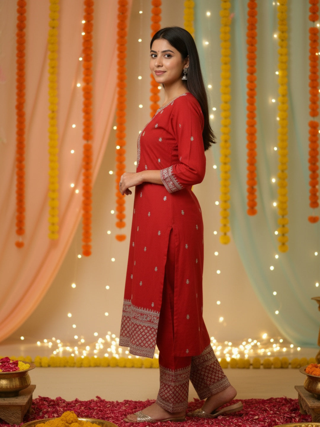 Straight Kurta Palazzo Set With Zari Thread Embroidery, Floral Motifs And Ornate Border