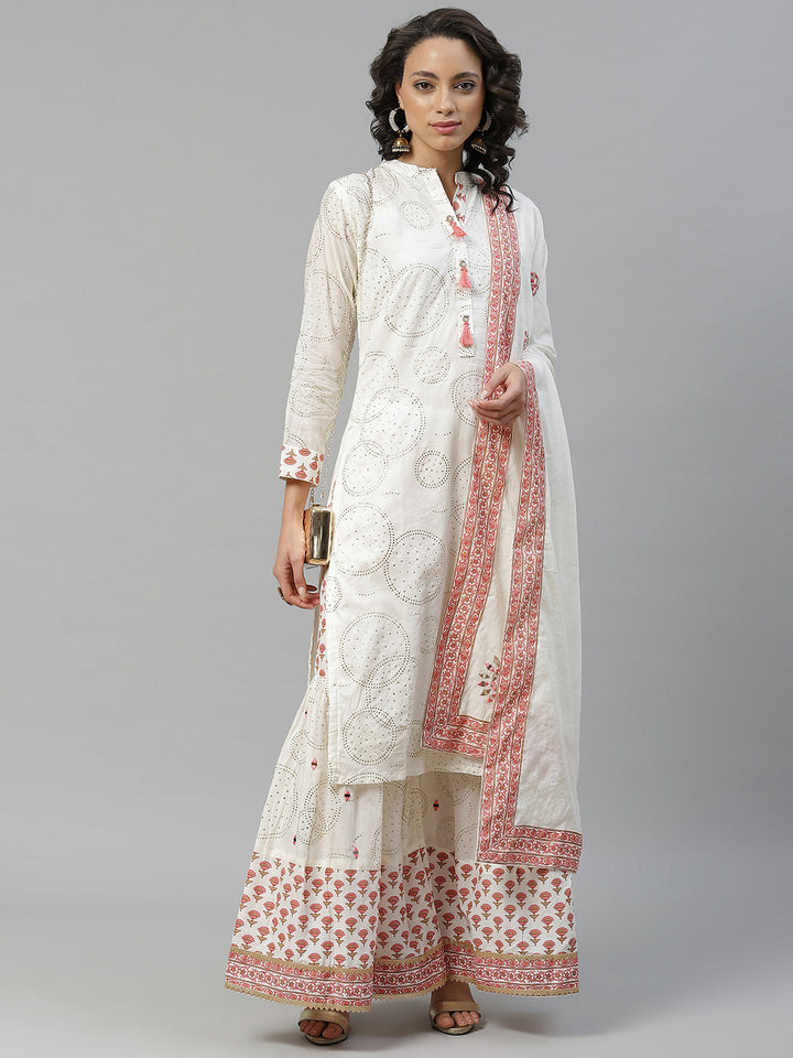 Made to Measure Off-White Mukaish Work Embellished Kurta Printed Readymade Sharara Set with Cotton Resham Embroidery & Mirror Work Dupatta.