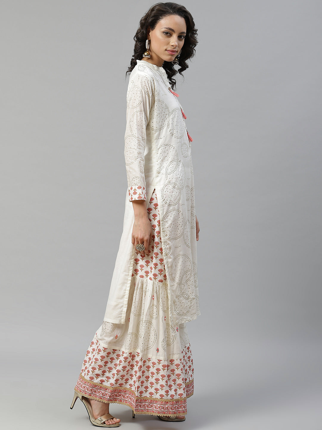 Made to Measure Off-White Mukaish Work Embellished Kurta Printed Readymade Sharara Set with Cotton Resham Embroidery & Mirror Work Dupatta.