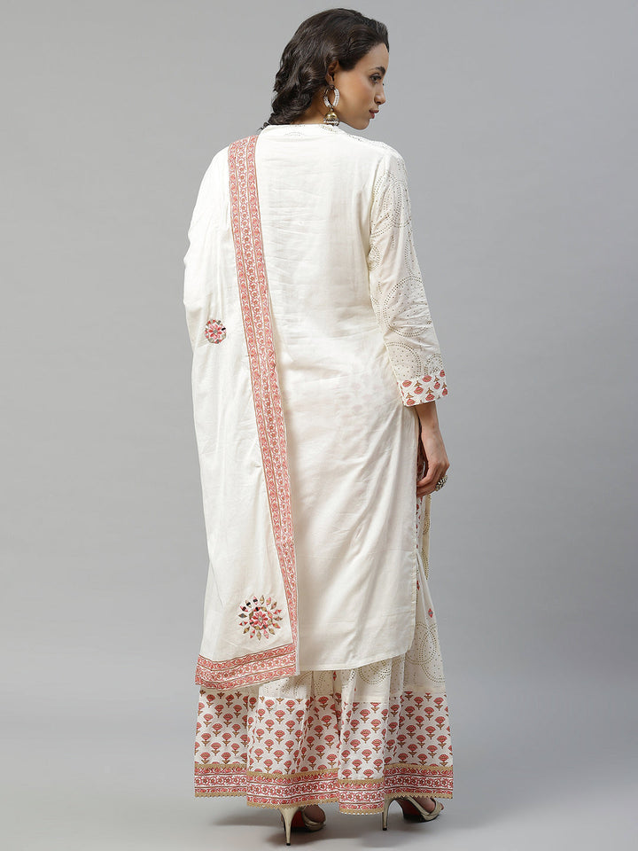 Made to Measure Off-White Mukaish Work Embellished Kurta Printed Readymade Sharara Set with Cotton Resham Embroidery & Mirror Work Dupatta.