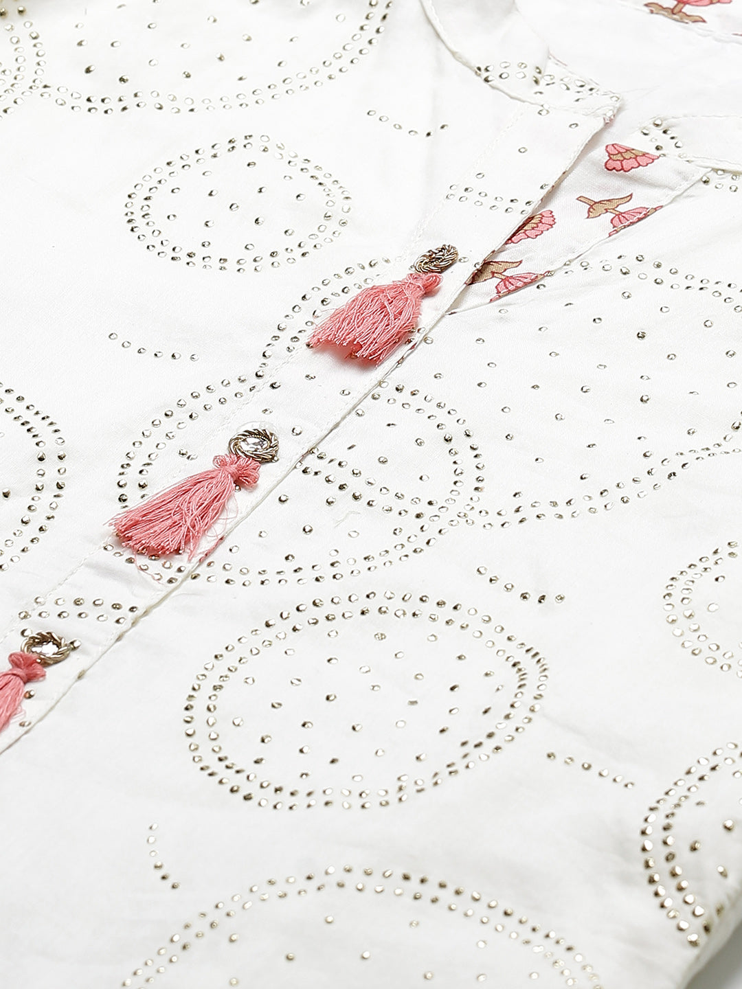 Made to Measure Off-White Mukaish Work Embellished Kurta Printed Readymade Sharara Set with Cotton Resham Embroidery & Mirror Work Dupatta.