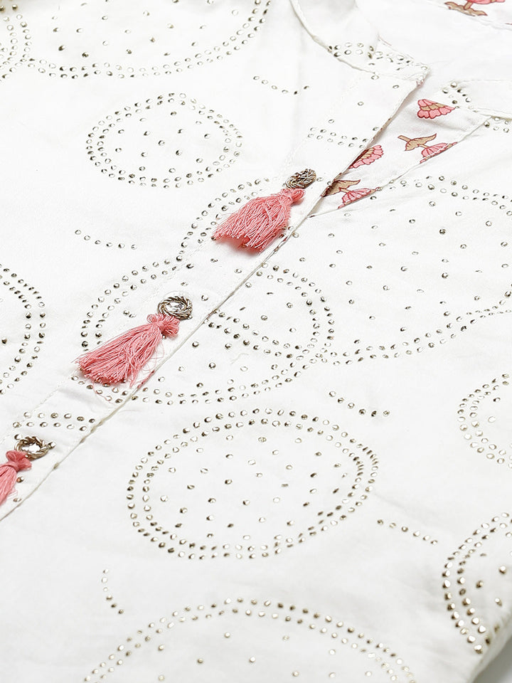 Made to Measure Off-White Mukaish Work Embellished Kurta Printed Readymade Sharara Set with Cotton Resham Embroidery & Mirror Work Dupatta.