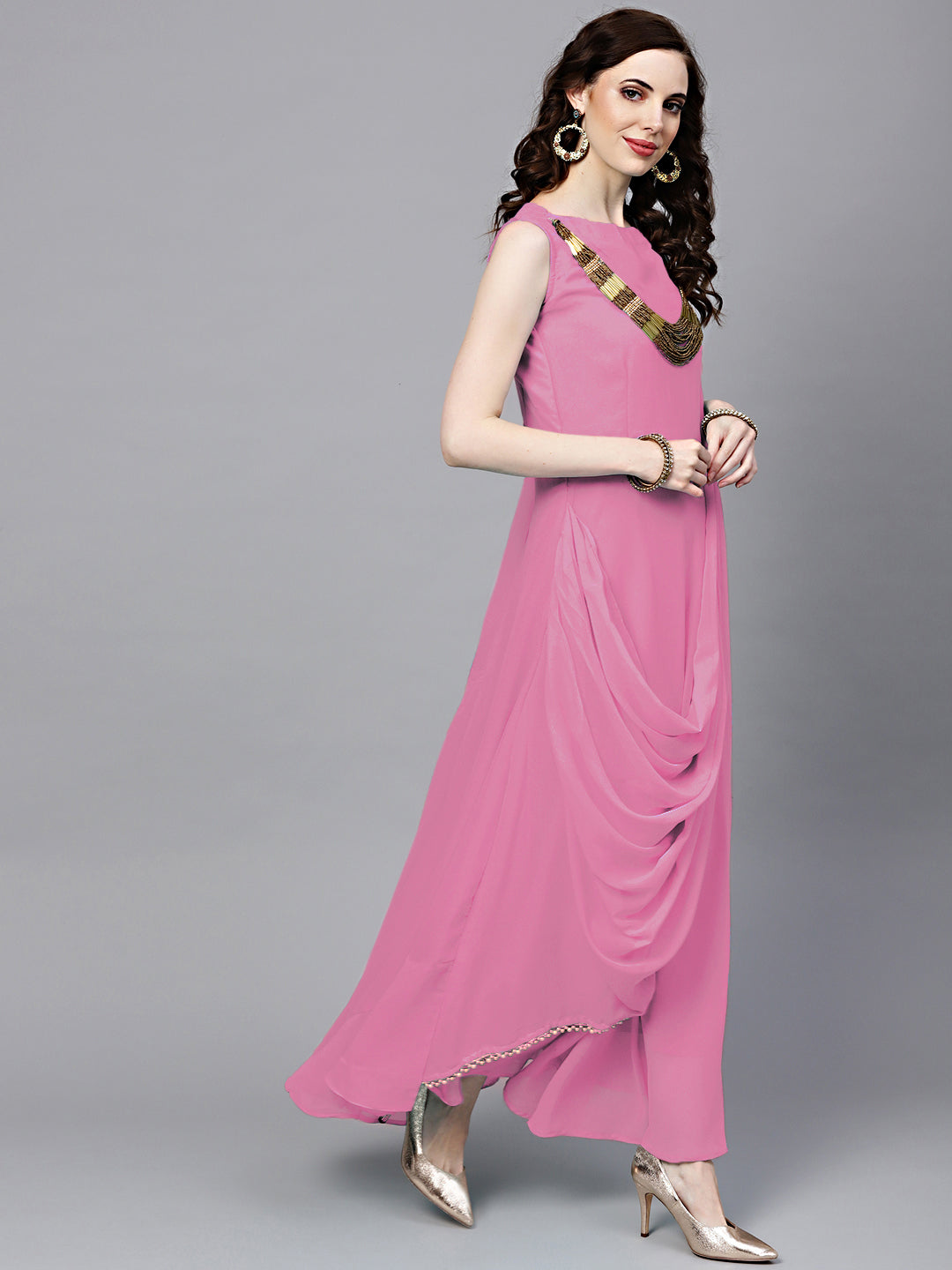 Pink Georgette Draped Dress with Attached Necklace and Dupatta