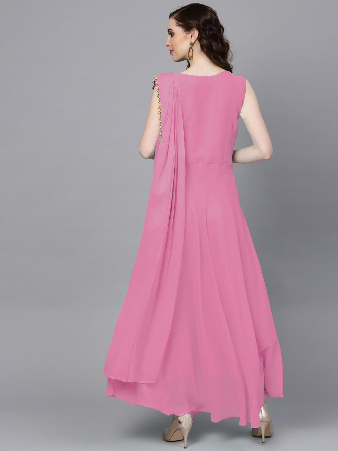 Pink Georgette Draped Dress with Attached Necklace and Dupatta