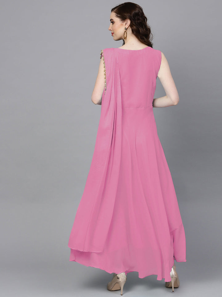 Pink Georgette Draped Dress with Attached Necklace and Dupatta