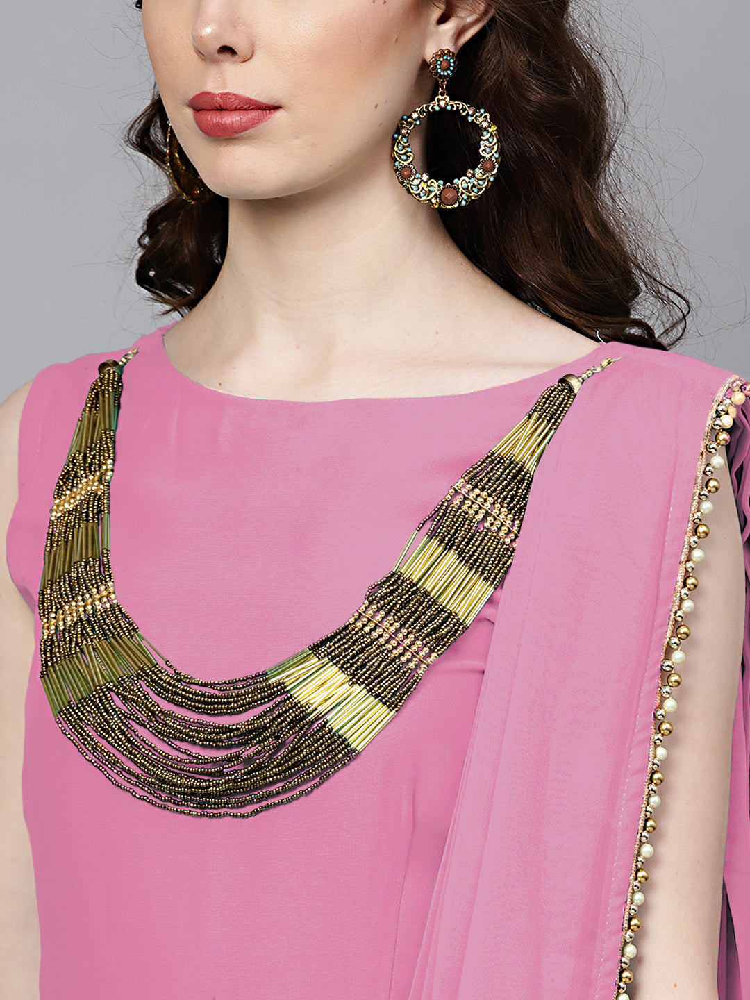 Pink Georgette Draped Dress with Attached Necklace and Dupatta