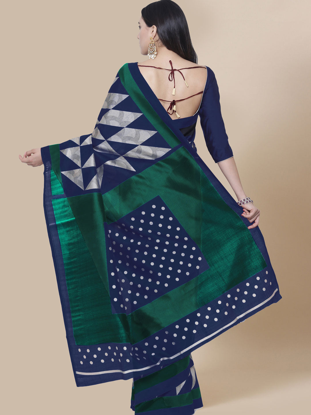 Navy Blue & Green Printed Art Silk Saree