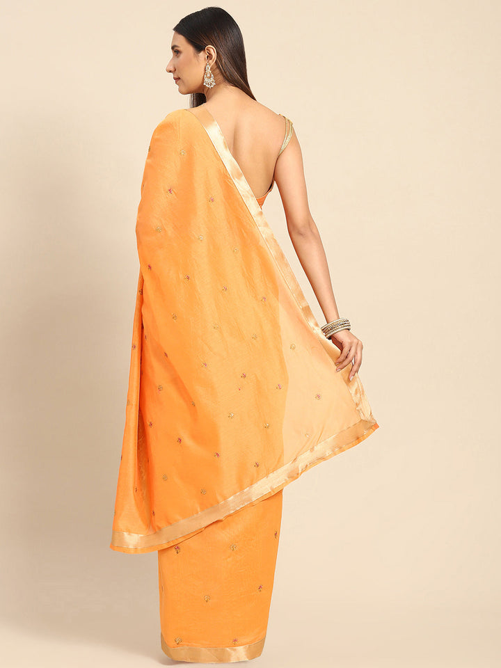 Orange Paisley Resham Thread Embroidery Cotton Tussar Saree