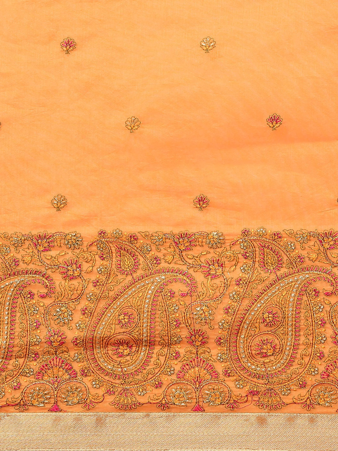 Orange Paisley Resham Thread Embroidery Cotton Tussar Saree