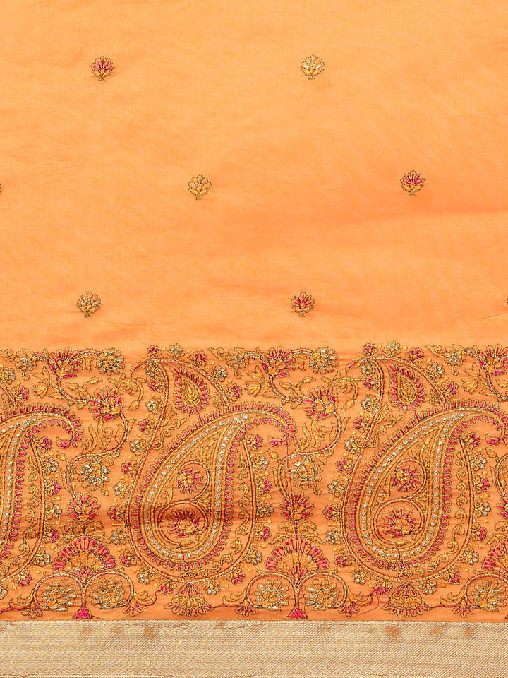 Orange Paisley Resham Thread Embroidery Cotton Tussar Saree