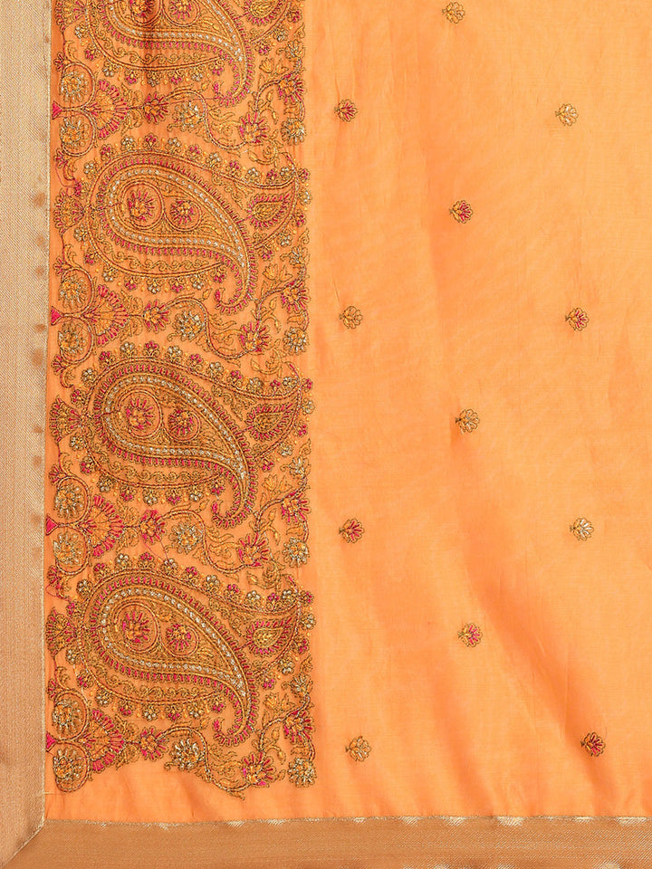 Orange Paisley Resham Thread Embroidery Cotton Tussar Saree
