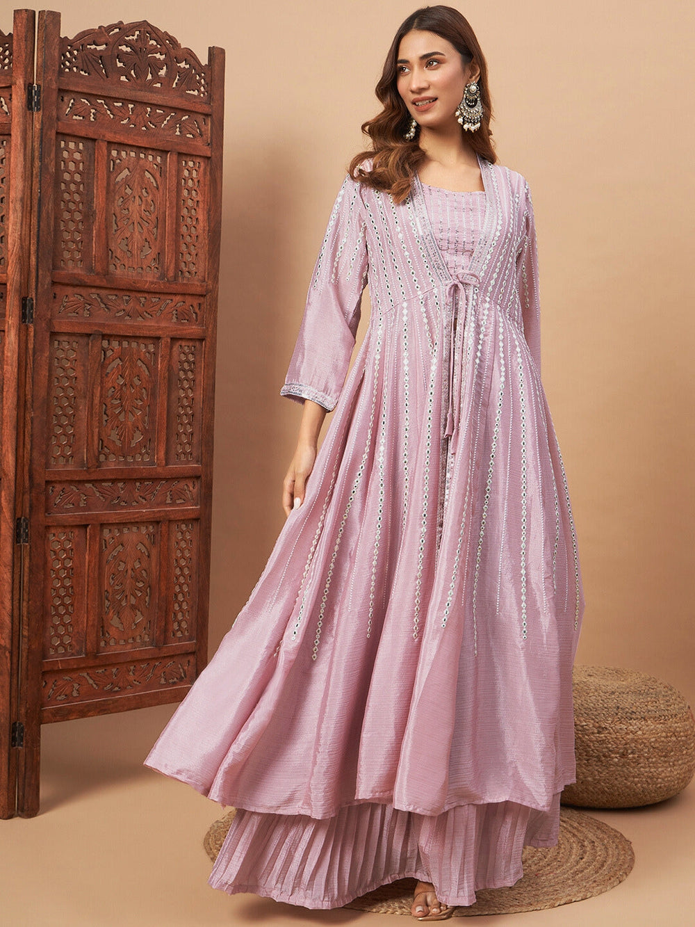 Chhabra 555 Indo-western Pleated Lehenga Set with Mirror & Resham Embroidered Jacket and Crop Top