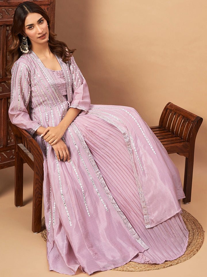 Chhabra 555 Indo-western Pleated Lehenga Set with Mirror & Resham Embroidered Jacket and Crop Top