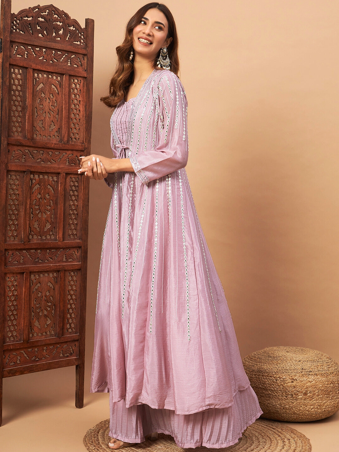 Chhabra 555 Indo-western Pleated Lehenga Set with Mirror & Resham Embroidered Jacket and Crop Top