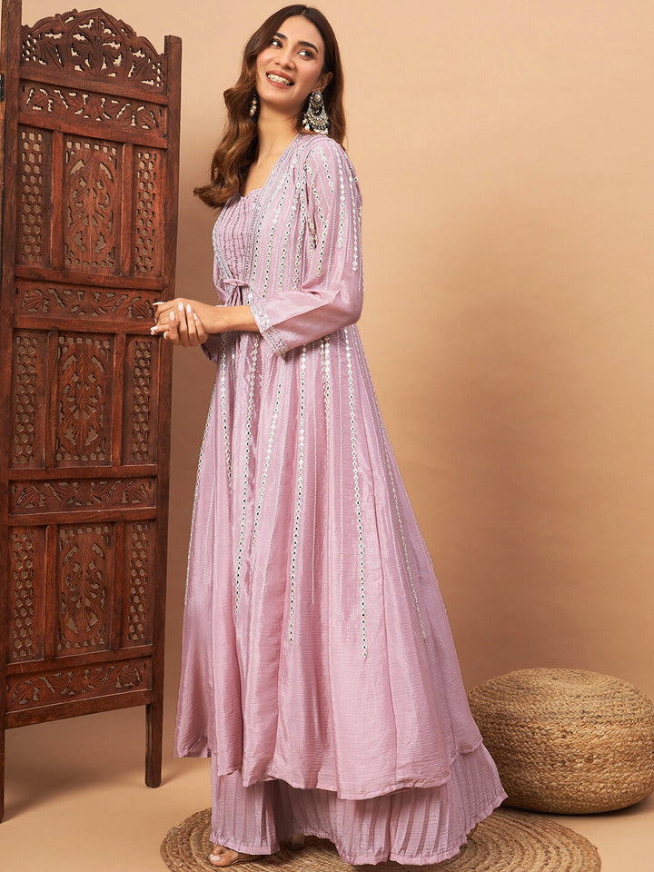 Chhabra 555 Indo-western Pleated Lehenga Set with Mirror & Resham Embroidered Jacket and Crop Top