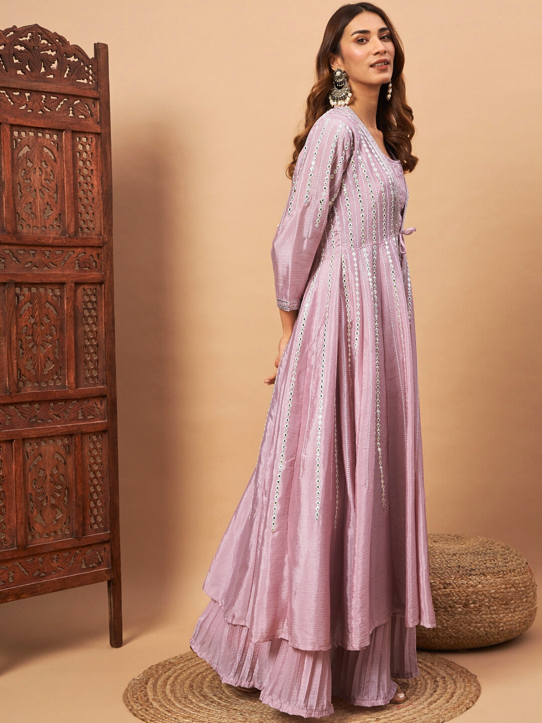 Chhabra 555 Indo-western Pleated Lehenga Set with Mirror & Resham Embroidered Jacket and Crop Top