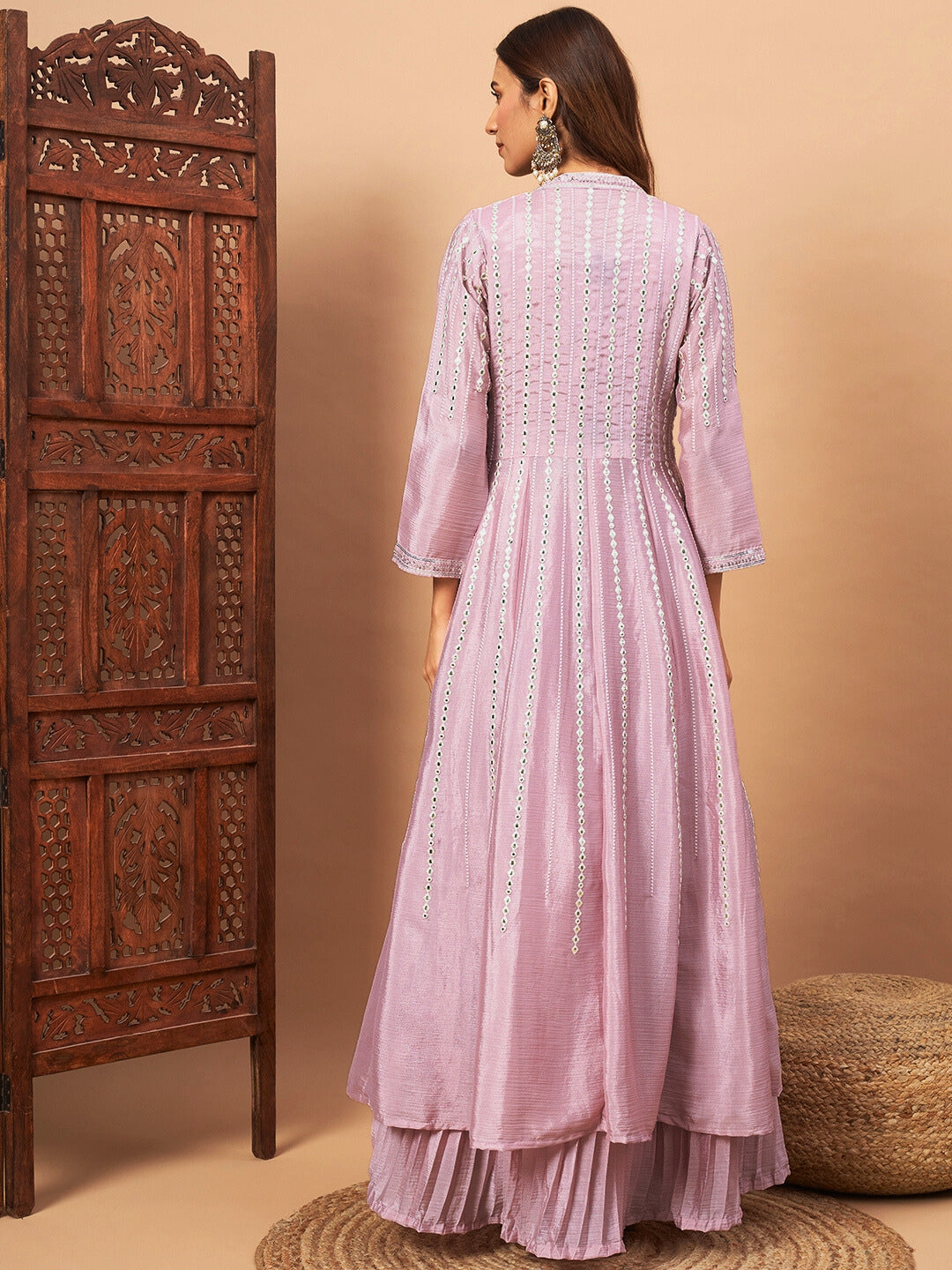 Chhabra 555 Indo-western Pleated Lehenga Set with Mirror & Resham Embroidered Jacket and Crop Top