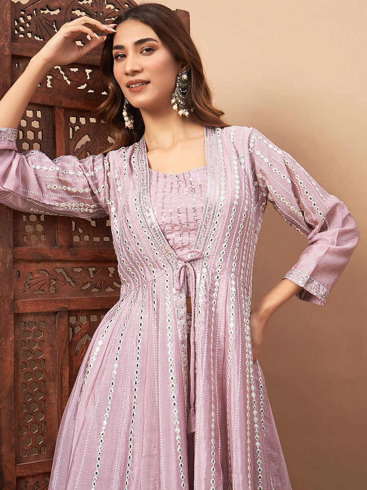 Chhabra 555 Indo-western Pleated Lehenga Set with Mirror & Resham Embroidered Jacket and Crop Top