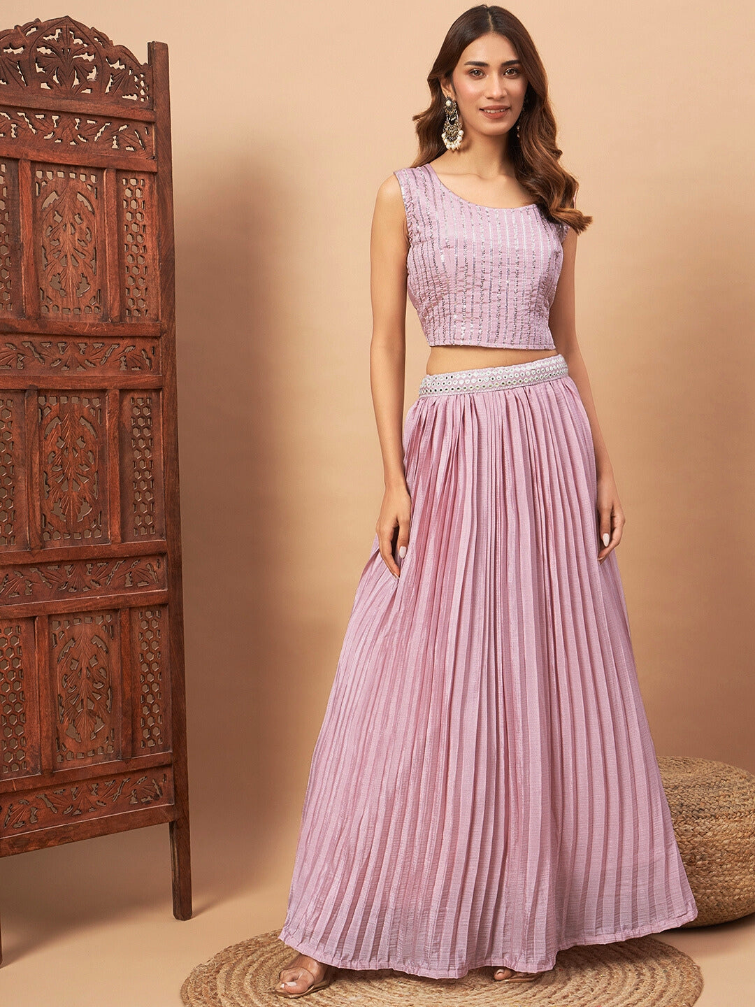 Chhabra 555 Indo-western Pleated Lehenga Set with Mirror & Resham Embroidered Jacket and Crop Top