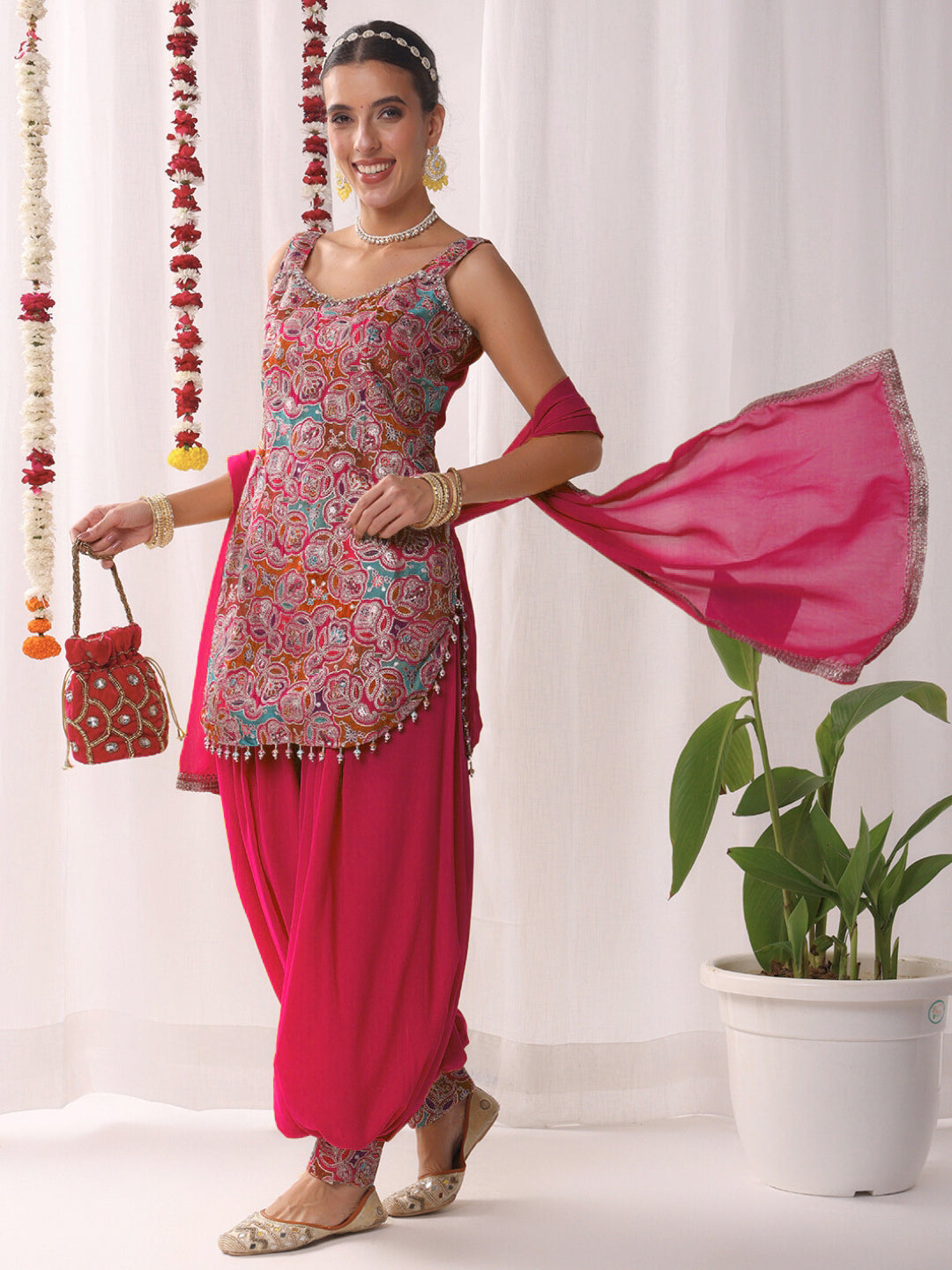 Chhabra 555 Multicolor Resham Embroidered Kurta Set with Harem Pants and Tasseled Curved Hemline