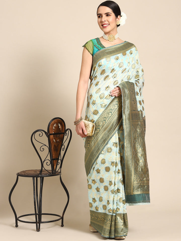 Blue Banarasi Floral Zari Woven Silk Saree With Contrast Border Blouse