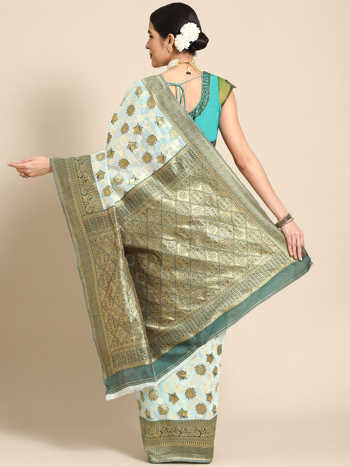 Blue Banarasi Floral Zari Woven Silk Saree With Contrast Border Blouse