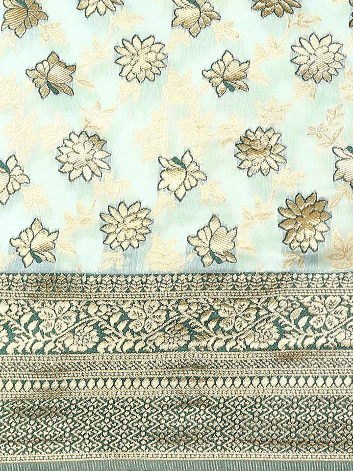 Blue Banarasi Floral Zari Woven Silk Saree With Contrast Border Blouse