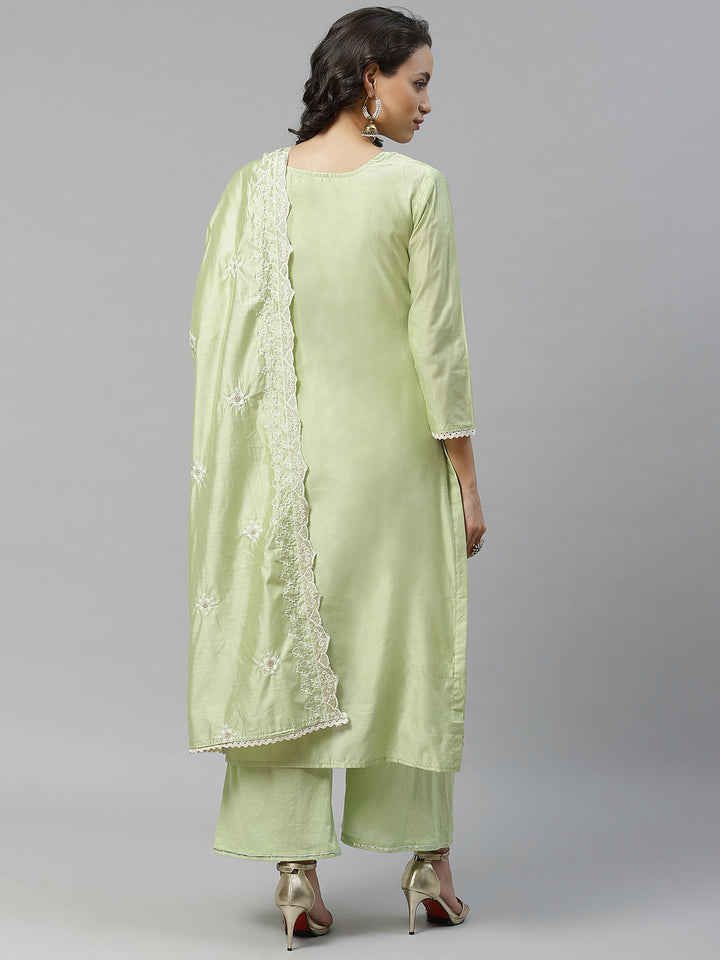 Made to Measure Pista Green Art Silk Embroidered Suit With Palazo And Art Silk Heavy Dupatta