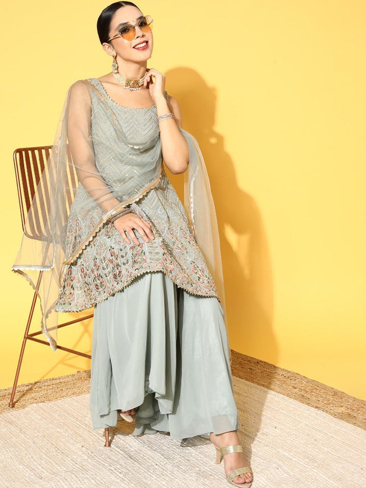 Chhabra 555 Pastel Peplum Zari & Sequin Embroidered Kurta Sharara Set With Scalloped lace Dupatta