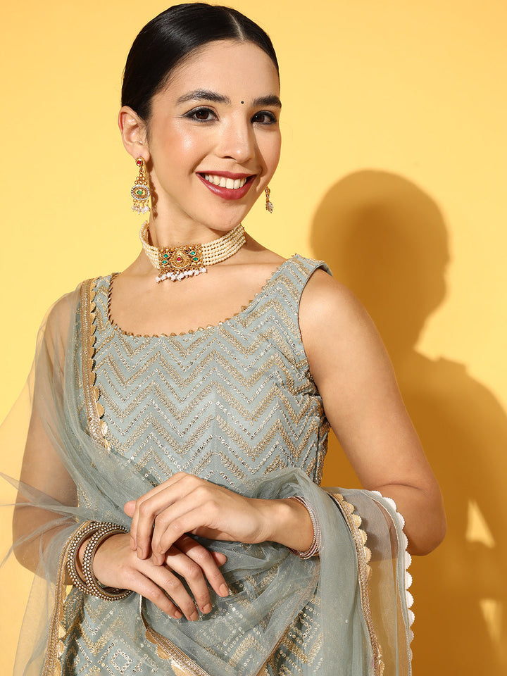 Chhabra 555 Pastel Peplum Zari & Sequin Embroidered Kurta Sharara Set With Scalloped lace Dupatta