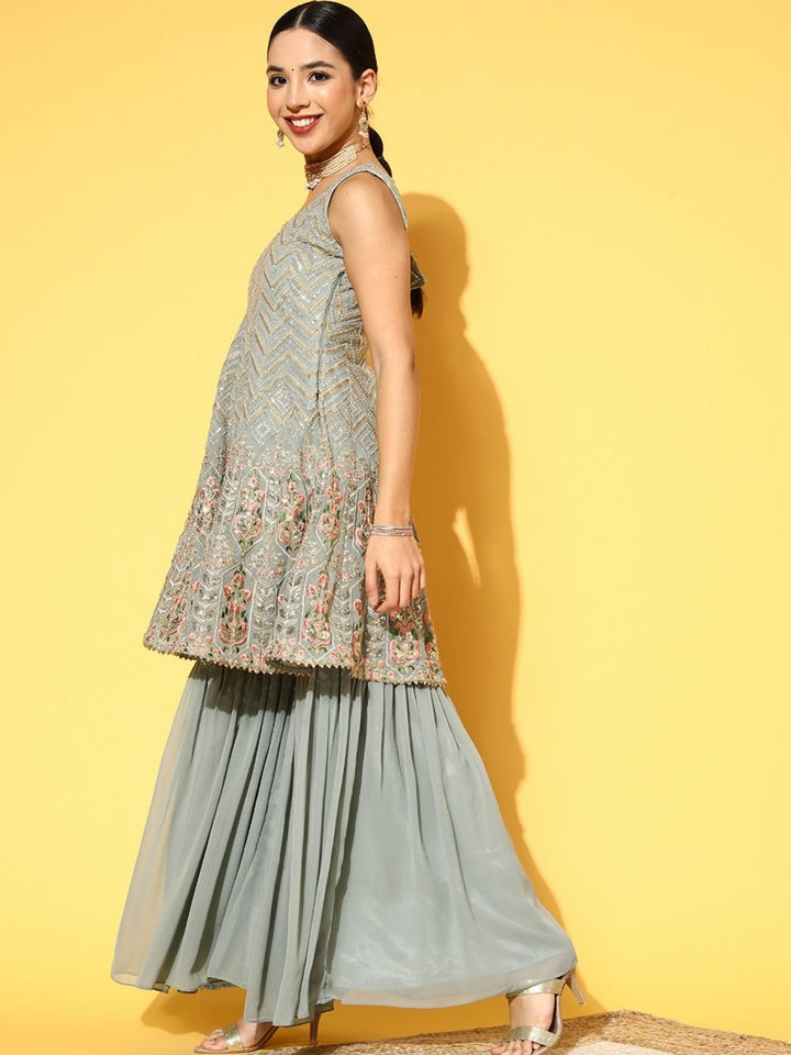 Chhabra 555 Pastel Peplum Zari & Sequin Embroidered Kurta Sharara Set With Scalloped lace Dupatta