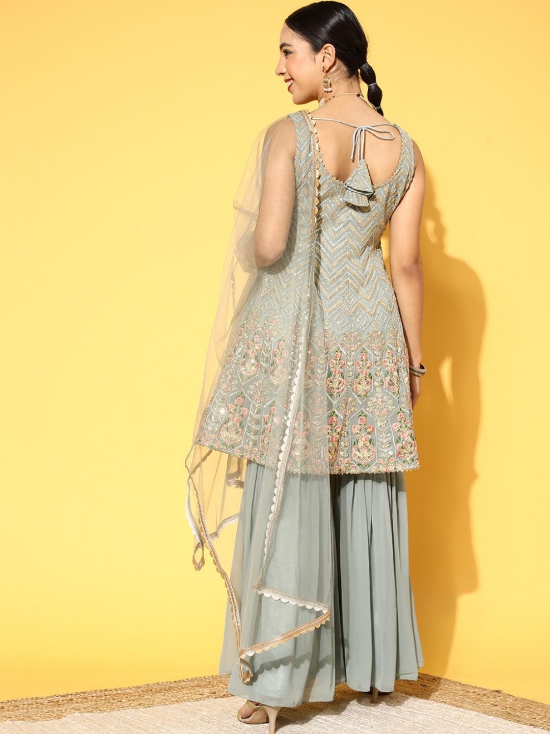 Chhabra 555 Pastel Peplum Zari & Sequin Embroidered Kurta Sharara Set With Scalloped lace Dupatta