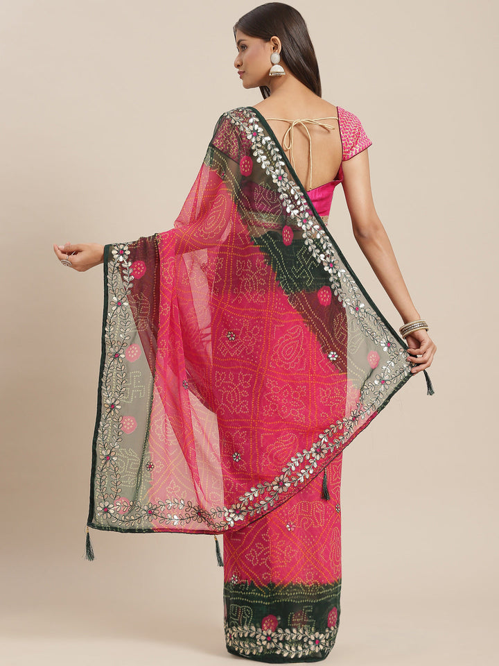 Magenta Jaipuri Bandhej Georgette Saree With Gota-Patti Embroidery