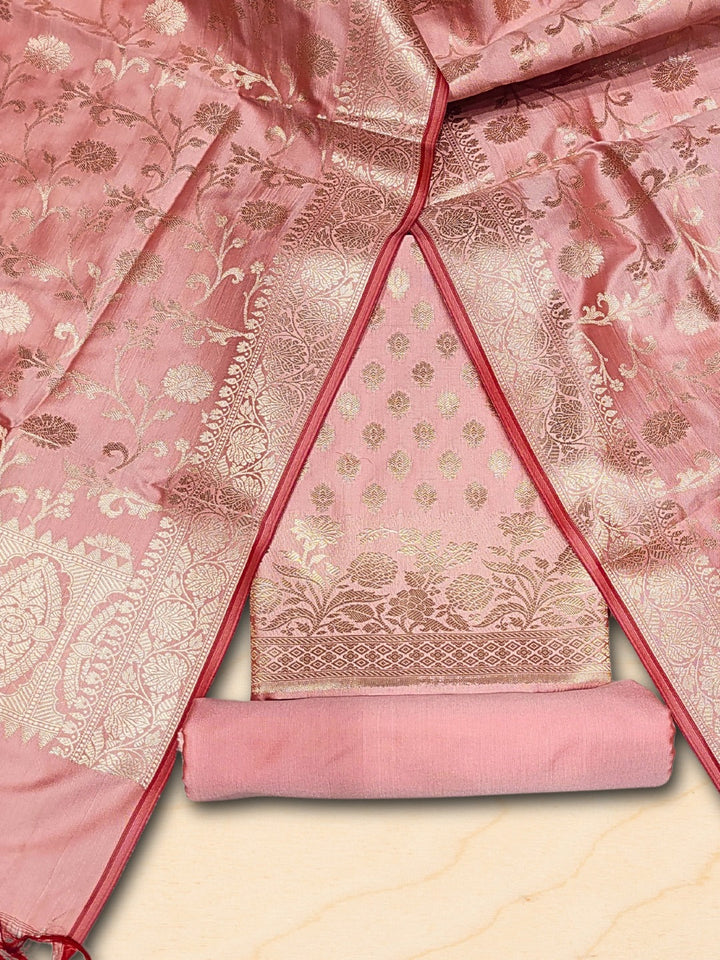 Two-toned Banarasi Silk Dress Material with Floral Woven Motifs & Jhalar dupatta